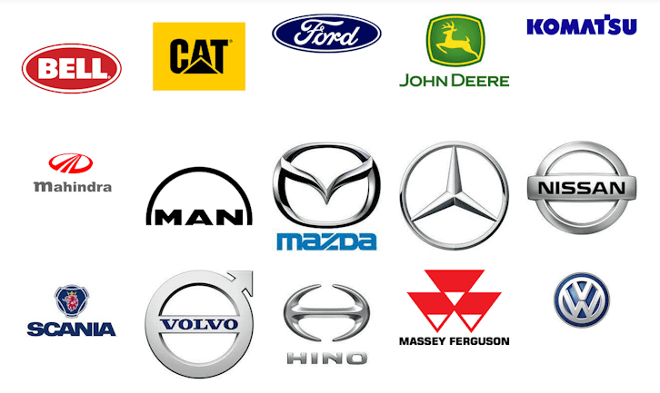 Radiator brands supplied by H And H Radiators including Bell, Caterpillar, Ford, John Deere, Komatsu, Mahindra, MAN, Mazda, Mercedes, Nissan, Scania, Volvo, Hino, Massey Ferguson and Volkswagen